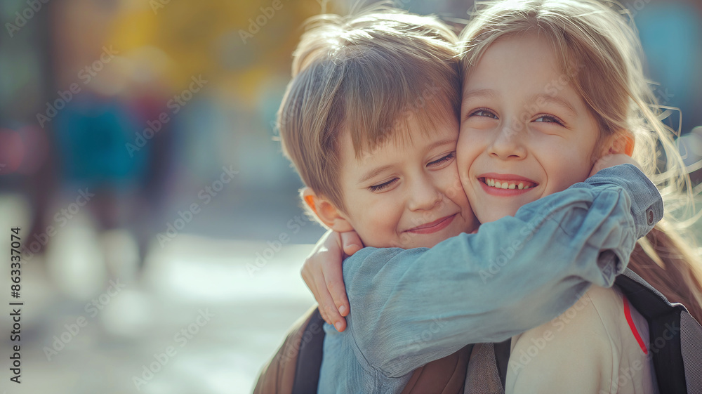 A young boy and girl hug each other tightly, smiling joyfully on a vibrant, sunlit urban sidewalk, with blurred pedestrians in the background - Generative AI A young boy and girl hug each other tightly, smiling joyfully on a vibrant, sunlit urban sidewalk, with blurred pedestrians in the background - Generative AI