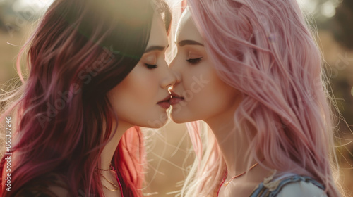 Portrait of a two girls female kissed each other. Lesbians LGBT Pride community photo background 