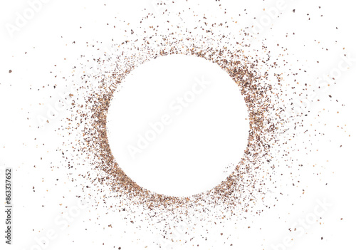 Fototapeta Naklejka Na Ścianę i Meble -  Black ground pepper scattered in shape circle, spice flying isolated on white, clipping path	