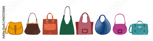 Set of female handbags. Fashion modern accessories. Hand drawn vector illustration isolated on white background, flat cartoon style.