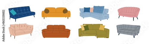 Set of different comfortable sofas. Soft furniture for cozy home decor. Hand drawn vector illustration isolated on white background, flat cartoon style.