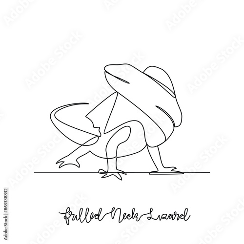 One continuous line drawing of frilled neck lizard vector illustration. Type of Lizard animal themes design concept with simple linear style. Lizard are reptiles with scaly skin, four legs, and a tail