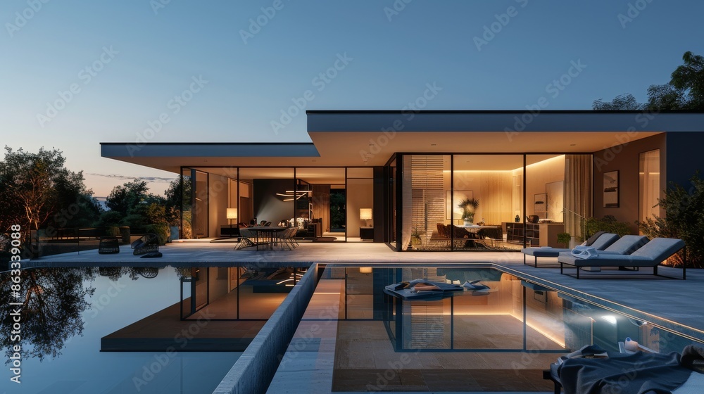 Fototapeta premium Modern Home With Infinity Pool At Twilight