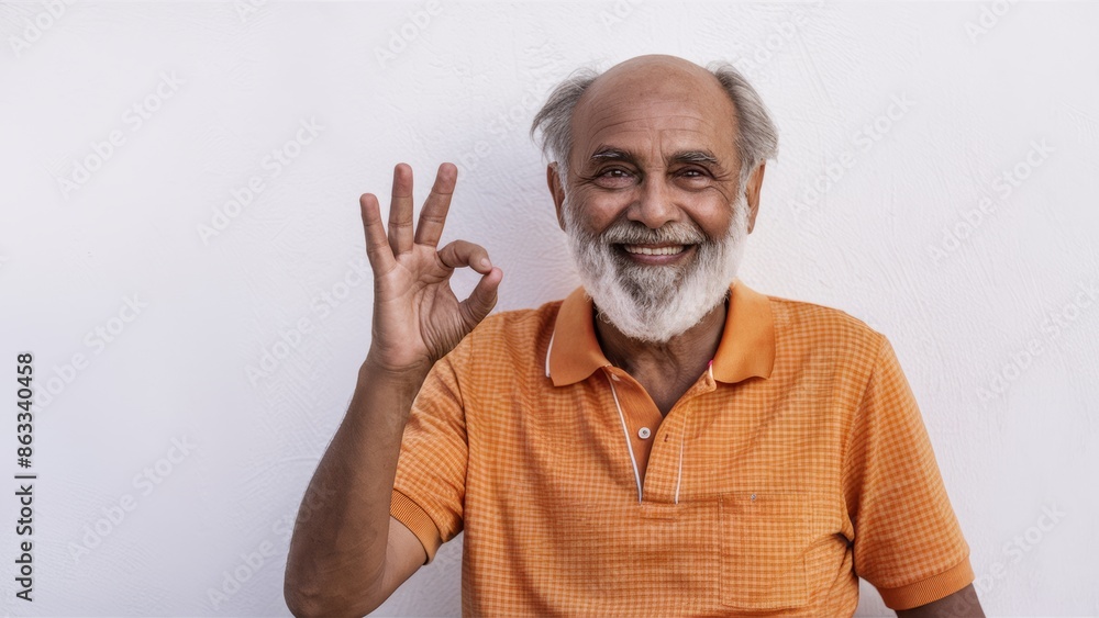A man with a white beard and mustache making the sign for peace, AI