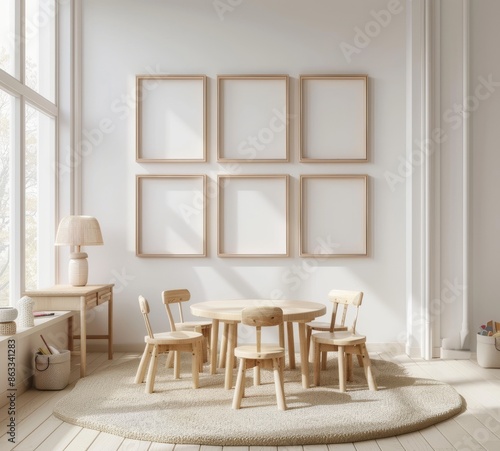 3D render of a girl's bedroom with warm colors, mock up frame