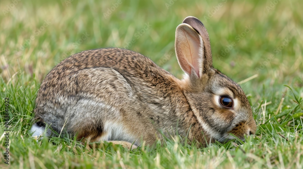 Young wild rabbit grooming on grass in North Yorkshire UK Young wild rabbit grooming on grass in North Yorkshire UK