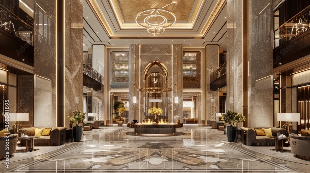 Fototapeta premium Step into luxury at this exquisite hotel lobby with its elegant furnishings and stunning grand entrance.