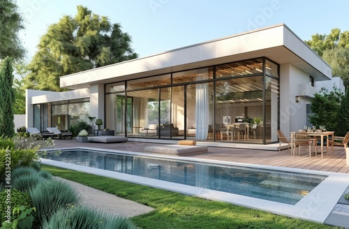 Modern Home With Swimming Pool and Deck on Sunny Day