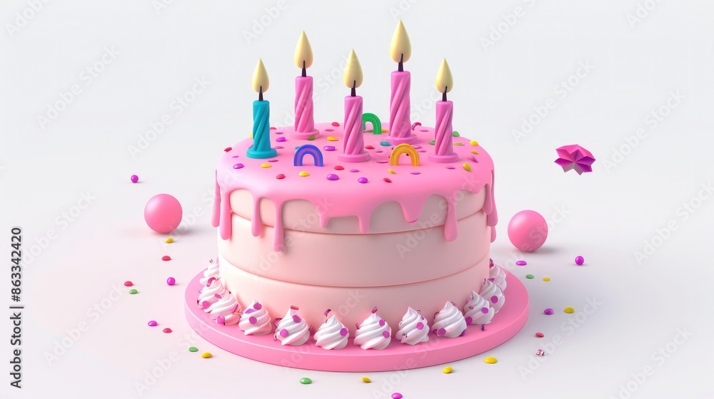 3D rendering of a birthday cake icon set with candles and decorations ...