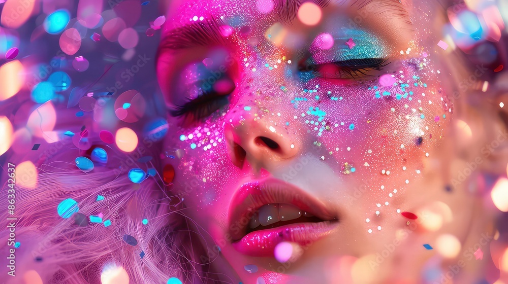 confetti fashionable hair A capturing celebrates season y2k woman pink style beautiful glitter festive glamorous makeup year joy new striking disco portrait glistering par. confetti fashionable hair A capturing celebrates season y2k woman pink style beautiful glitter festive glamorous makeup year joy new striking disco portrait glistering par.