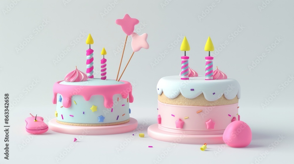 3D rendering of a birthday cake icon set with candles and decorations ...