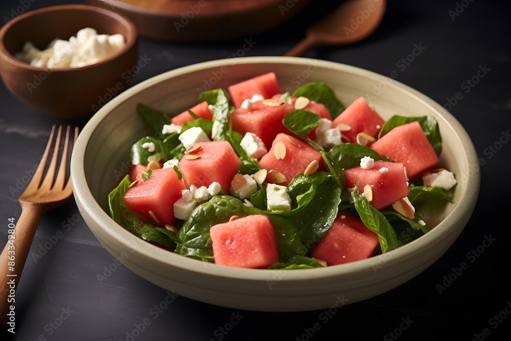 Fresh watermelon and feta cheese salad with mint leaves on a plate. Fresh watermelon and feta cheese salad with mint leaves on a plate.