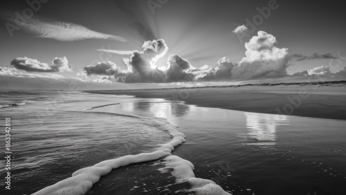 A black and white photo of a beach with waves coming in, AI