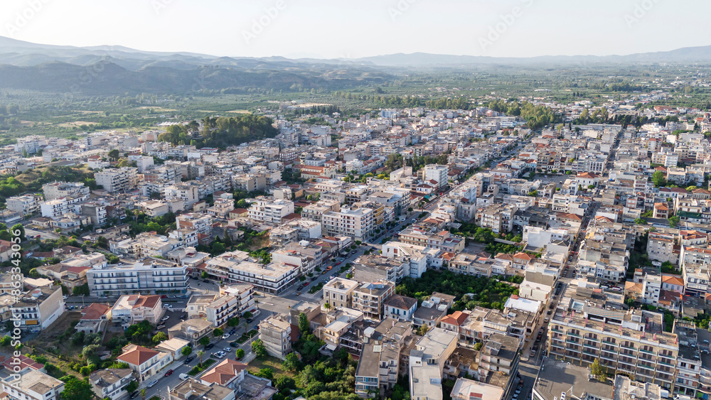 Aerial panoramic view of Sparta city with Taygetus mountains and ancient ruins remains in Peloponnese, Greece Aerial panoramic view of Sparta city with Taygetus mountains and ancient ruins remains in Peloponnese, Greece