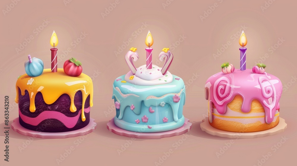 3D vector illustration of a birthday cake with a candle Luxurious creamy dessert with festive pastries and glaze shown in different positions 3D vector illustration of a birthday cake with a candle Luxurious creamy dessert with festive pastries and glaze shown in different positions