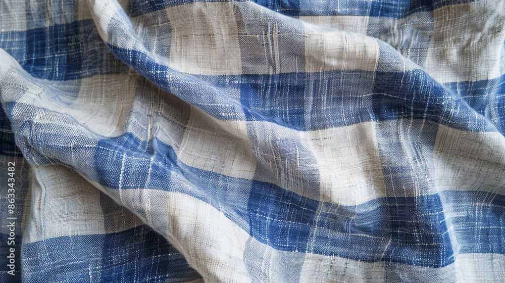 Close-up of wavy fabric in blue and white square Close-up of wavy fabric in blue and white square