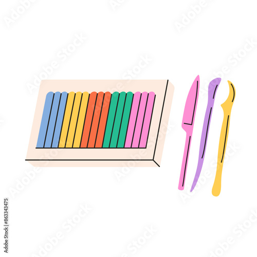 Modeling clay, colorful plasticine set with knives. Child modeling tools. Vector illustration in flat style