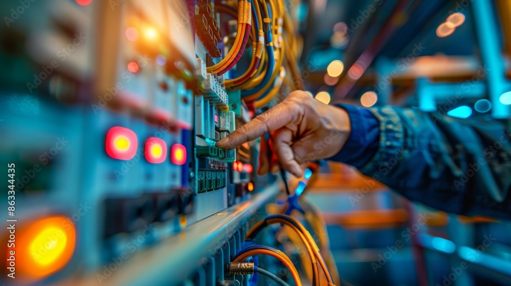 Obraz premium Closeup of an electrical engineer using measuring equipment to check electricity at a circuit breaker and cable wiring system for maintenance in the main power distribution board
