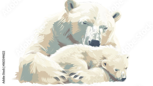 A polar bear and her cub snuggle closely together on transparent background