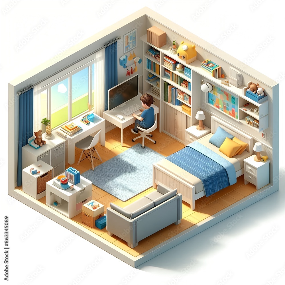Isometric 3D Image of a Cute Colorful Kids Bedroom Isometric 3D Image of a Cute Colorful Kids Bedroom