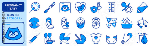 Icons in two colors about pregnancy and baby.