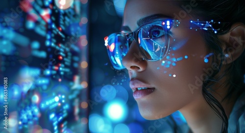Woman Wearing Blue Glasses Looks At Screen With Blue Light