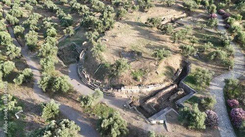 Aerial panoramic view of Sparta city with Taygetus mountains and ancient ruins remains in Peloponnese, Greece
