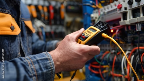 Electrician performing measurements with a multimeter tester photo