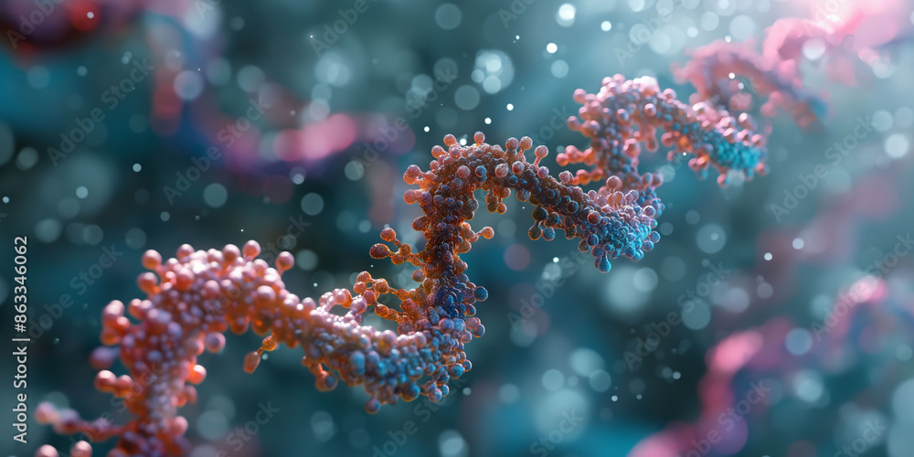 Colorful DNA strand with glowing particles in a scientific background molecular biology genetics concept Colorful DNA strand with glowing particles in a scientific background molecular biology genetics concept