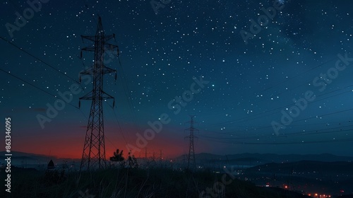 Electricity transmission towers with orange glowing wires against a starry night sky Energy infrastructure concept