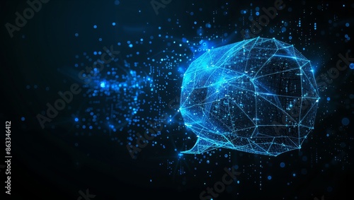Abstract digital artwork depicting a pixelated chat bubble icon, symbolizing digital communication with blue and orange lights on a dark circuit board background.