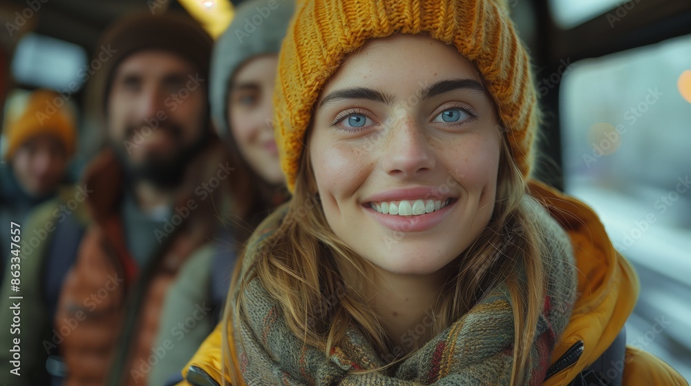 Smiling Woman in Yellow Knit Hat and Scarf on Public Transportation Smiling Woman in Yellow Knit Hat and Scarf on Public Transportation