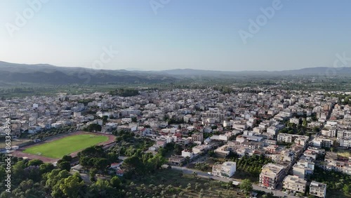 Aerial panoramic view of Sparta city with Taygetus mountains and ancient ruins remains in Peloponnese, Greece photo