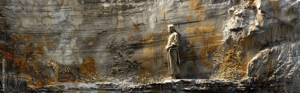 Beautiful tiger 3d relief wallpaper. Mural wallpaper. Wall art. AI generated illustration. Beautiful tiger 3d relief wallpaper. Mural wallpaper. Wall art. AI generated illustration.