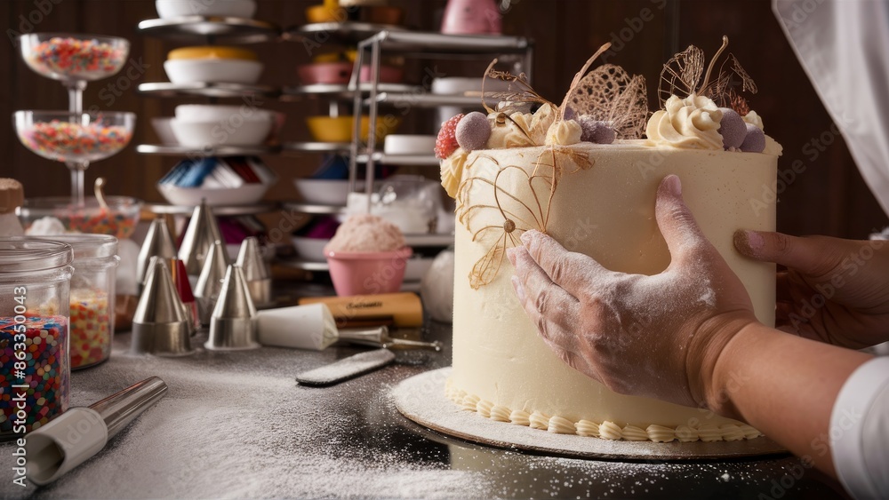 custom made wallpaper toronto digitalA close-up of a skilled baker carefully preparing a scrumptious-looking cake. The cake is adorned with delicate, intricate decorations. The background showcases an array of baking tools and ingredient
