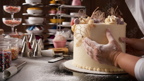 Wallpaper Mural A close-up of a skilled baker carefully preparing a scrumptious-looking cake. The cake is adorned with delicate, intricate decorations. The background showcases an array of baking tools and ingredient Torontodigital.ca