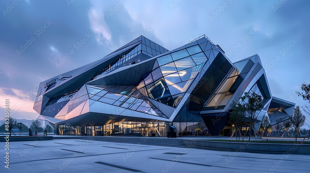 Fototapeta premium view of futuristic architecture, Skyscraper of office building with curve glass window, 3D rendering