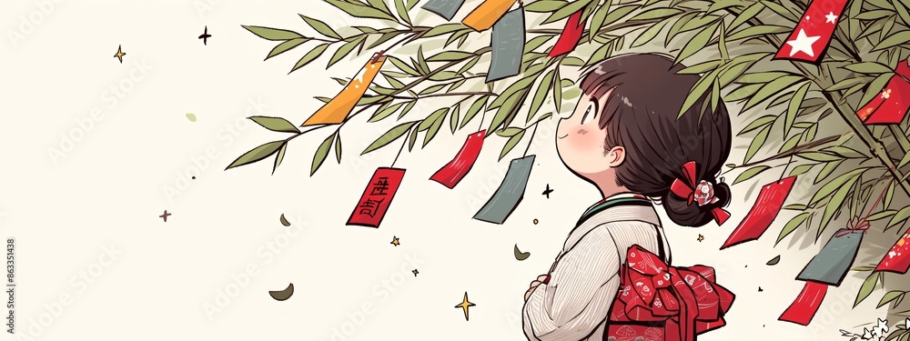 Fototapeta premium Asian girl decorating bamboo trees with hanging wishes written on paper cards on white background. Tanabata or Qixi Festival. Chinese Valentine’s day. Illustration for greeting card, banner, poster