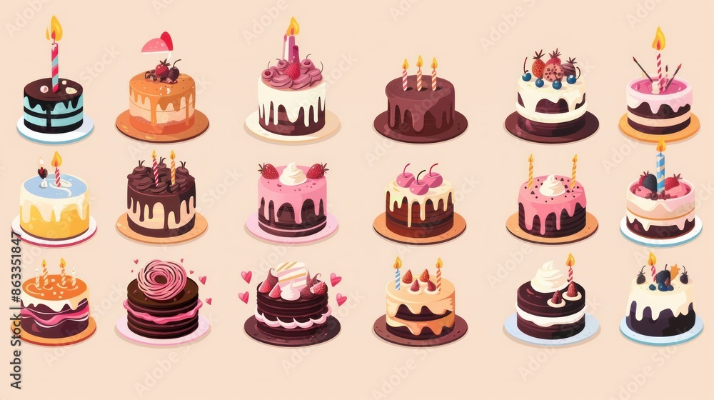 Vector design of a set of birthday cakes Collection includes colorful and delicious flavors for party elements Vector design of a set of birthday cakes Collection includes colorful and delicious flavors for party elements