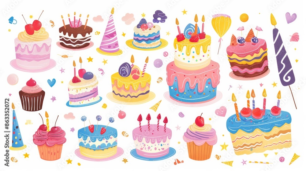 Vector design of a set of birthday cakes Collection includes colorful and delicious flavors for party elements Vector design of a set of birthday cakes Collection includes colorful and delicious flavors for party elements
