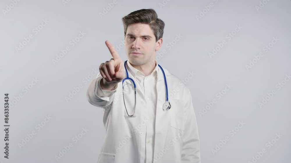 Serious american 30s doctor man showing rejecting gesture by stop finger sign. Serious american 30s doctor man showing rejecting gesture by stop finger sign.