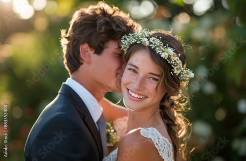 Smiling Bride and Groom Embrace in a Flower Crown