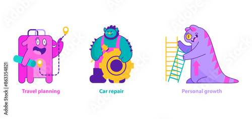 Monster Helpers concept. Vector illustration.