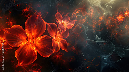 A close up of two orange flowers with a black background