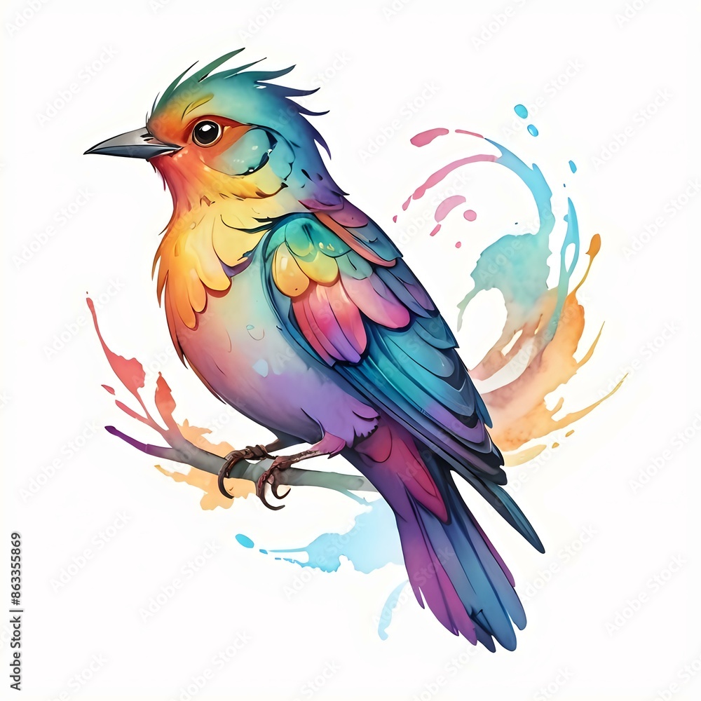 Fototapeta premium colorful illustration of a bird perched on a branch, featuring a brilliant array of vibrant hues. The intricate detailing and lively colors make it an eye-catching piece, perfect for children’s books