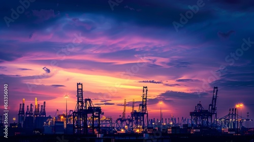 A twilight scene at the port, with cranes and containers silhouetted against a darkening sky, cityscape photography style