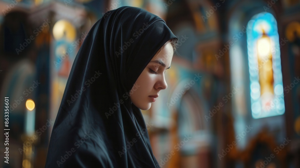 A caucasian nun in a black habit prays devoutly inside a church. The image is a portrait, capturing the womans serene expression. Generative AI A caucasian nun in a black habit prays devoutly inside a church. The image is a portrait, capturing the womans serene expression. Generative AI