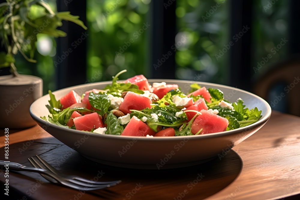Fresh watermelon and feta cheese salad with mint leaves on a plate. Fresh watermelon and feta cheese salad with mint leaves on a plate.