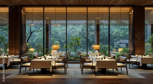 Elegant Restaurant Interior With Large Windows and Natural Light