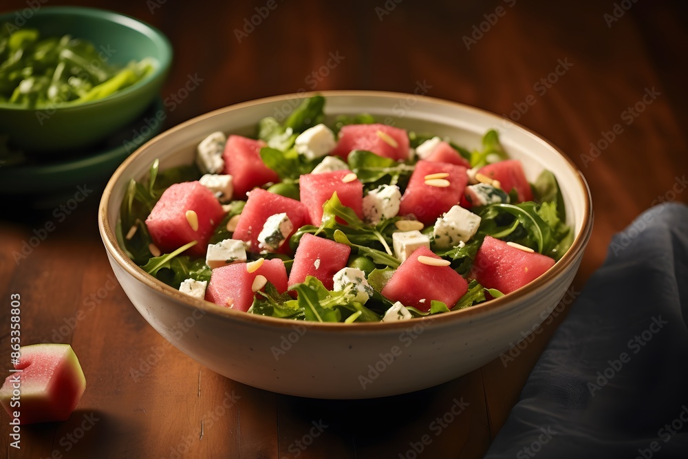 Fresh watermelon and feta cheese salad with mint leaves on a plate. Fresh watermelon and feta cheese salad with mint leaves on a plate.